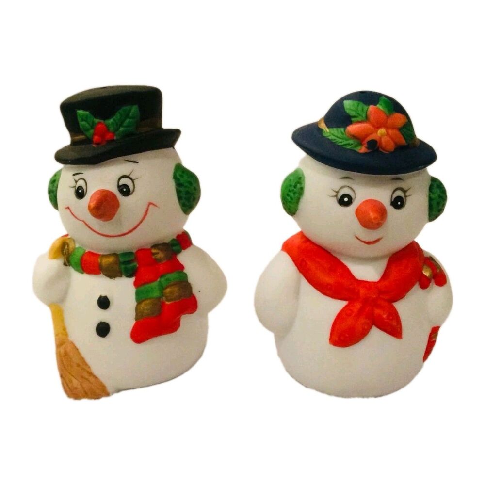 Snowman Couple Snowwoman Salt & Pepper Shakers Figures Ceramic Holiday 3.25"